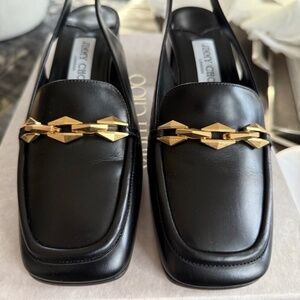 Jimmy Choo Diamond Tilda Slingback Black Block Heel Pumps with Gold Chain Detail